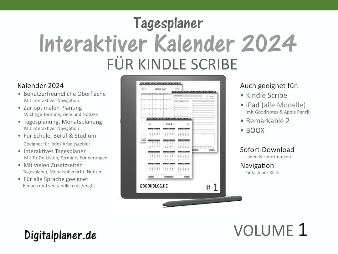 Calendar 2024 for Kindle Scribe Daily Planner Interactive Planner Also