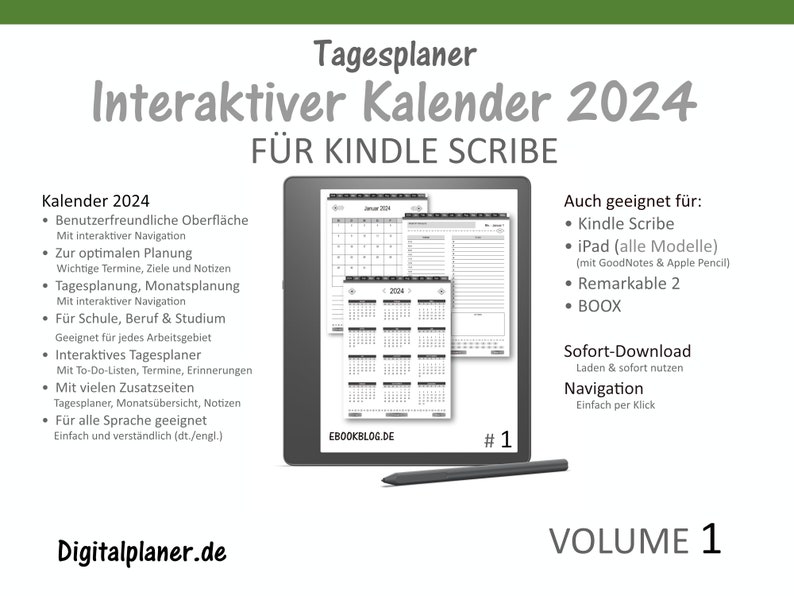 Calendar 2024 for Kindle Scribe Daily Planner Interactive Planner Also