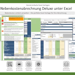 Könnte beinhalten: Ein digitales Produkt mit Excel-Vorlagen zur Verwaltung von Nebenkosten. Das Bild zeigt mehrere Tabellen mit Finanzdaten, Diagrammen und Formularen. Der Text auf Deutsch lautet "Nebenkostenabrechnung Deluxe unter Excel" und "Die perfekte Excel-Vorlage für Ihre Abrechnung."