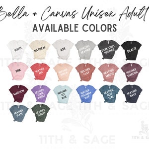 以下が含まれることがあります： Bella + Canvas ユニセックス大人用Tシャツのカラーバリエーションを示すチャートです。カラーは、ホワイト、ナチュラル、アッシュ、アスレチックヘザー、ダークグレーヘザー、ブラック、ピンク、ヘザーレッド、ヘザーピーチ、ヘザークレイ、ヘザーモーブ、ヘザーマロン、マロン、ヘザーチームパープル、ヘザーアイスブルー、ヘザーコロンビアブルー、ヘザーディープティール、ヘザーネイビー、ヘザースレート、ヘザーフォレストです。