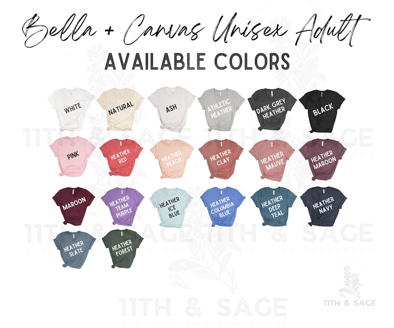 以下が含まれることがあります： Bella + Canvas ユニセックス大人用Tシャツのカラーバリエーションを示すチャートです。カラーは、ホワイト、ナチュラル、アッシュ、アスレチックヘザー、ダークグレーヘザー、ブラック、ピンク、ヘザーレッド、ヘザーピーチ、ヘザークレイ、ヘザーモーブ、ヘザーマロン、マロン、ヘザーチームパープル、ヘザーアイスブルー、ヘザーコロンビアブルー、ヘザーディープティール、ヘザーネイビー、ヘザースレート、ヘザーフォレストです。