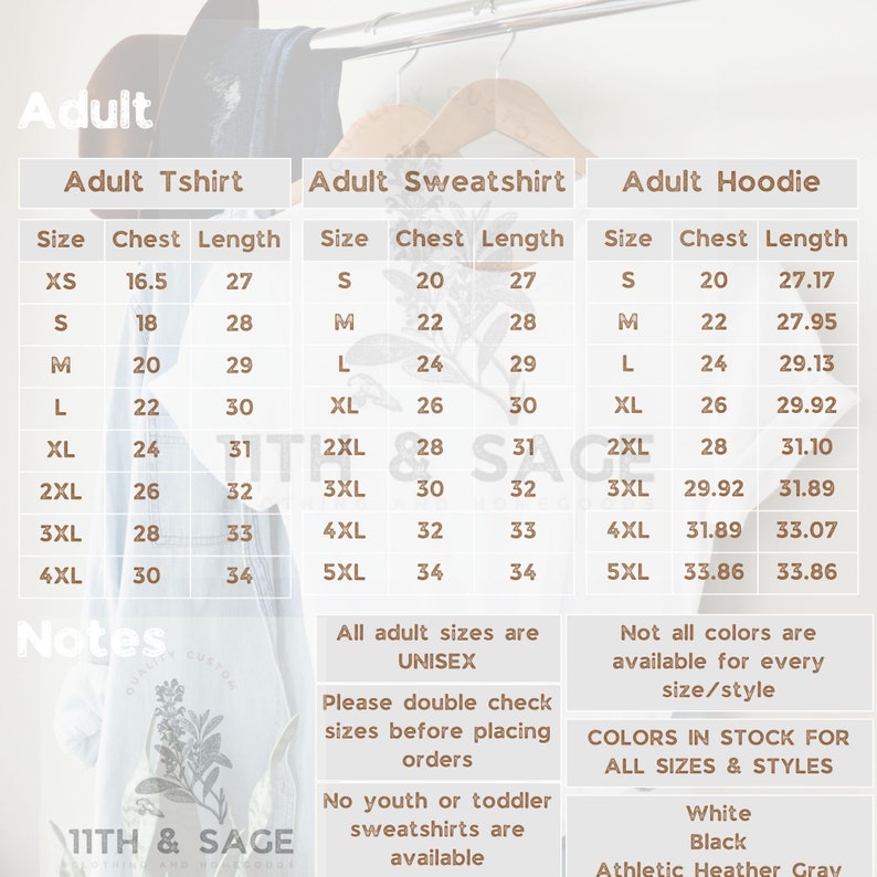May include: Size chart for adult t-shirts, sweatshirts, and hoodies. The chart shows chest and length measurements in inches for sizes XS to 5XL. All adult sizes are unisex.  Notes: Please double check sizes before placing orders. No youth or toddler sweatshirts are available. Not all colours are available for every size/style. Colours in stock for all sizes and styles: White, Black, Athletic Heather Grey.