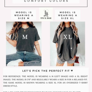 May include: Size guide for a t-shirt dress. The model is wearing a size M and a size XL. The model is 5'6" tall. For a relaxed fit, choose your usual size. For an oversized fit, go up two sizes.