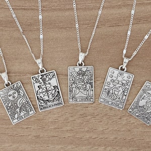 Vintage silver tarot card, pendant necklace, silver chain.