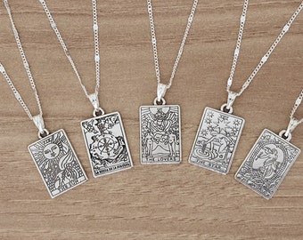 Vintage silver tarot card, pendant necklace, silver chain.