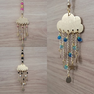 Brushed brass rain cloud Suncatcher, black, blue, pink. Boho decor, car accessory handmade.