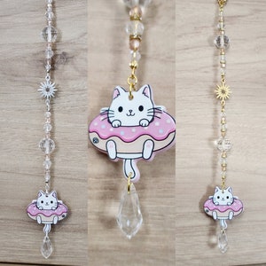 Cat Suncatches, pink donut pool float, crystal hanger, home decor, cute, gift ideas, gold or silver.