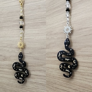 Schwarze funkelnde Schlange, Suncatcher, Kristallperlen, goldener oder silberner Stern, himmlisch, boho, home decor, Autozubehör.