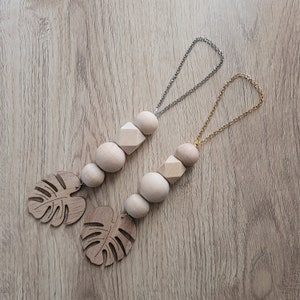Wooden Monstera leaf pendant, car hanger, door hanger, raw wood beads, boho decor. Silver or Gold.