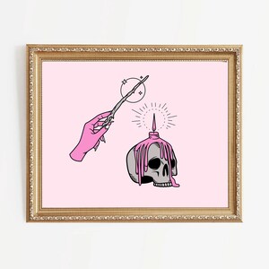 Spooky Schedel Art print, Heks kunst, Leuke Griezelige Print, Skelet illustratie, Halloween Spooky Seizoen Poster, Pastel Goth Roze, Heks decor