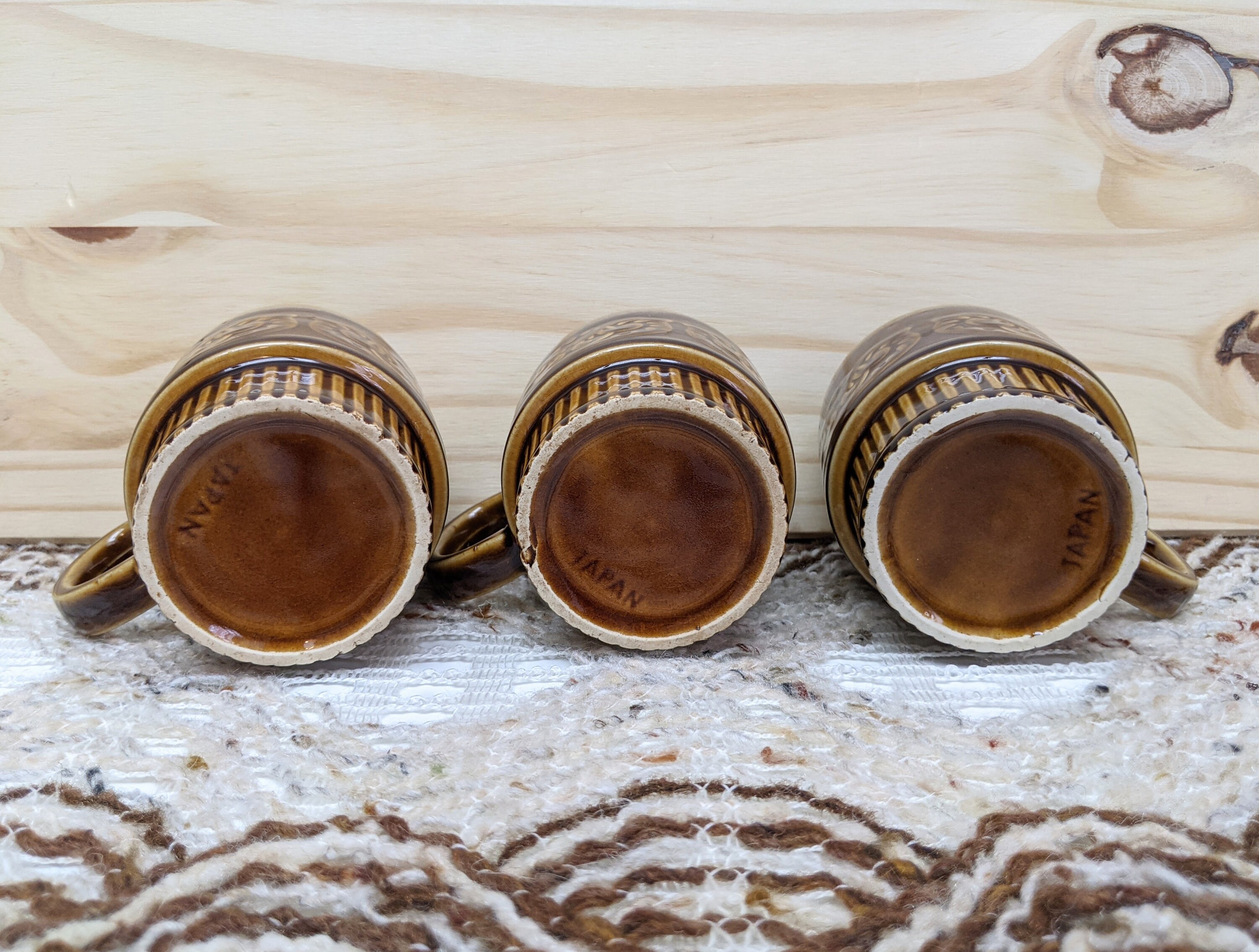 Set of Three (3) Vintage Brown Ceramic Stackable Coffee Mugs