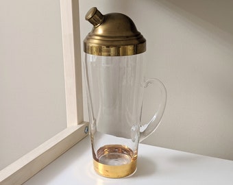 Vintage Atomic Clear and Gold Glass Cocktail Shaker with Brass Lid and Pressed-on Glass Handle