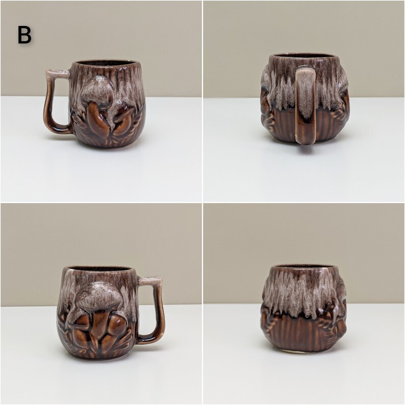 Puede incluir: Una taza de cer&aacute;mica marr&oacute;n y blanca con un dise&ntilde;o de hongo. La taza tiene un asa y est&aacute; decorada con un motivo de hongo.