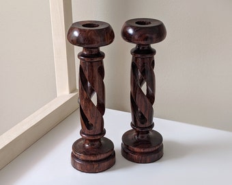 Set of two (2) Vintage Twist Wooden Candlestick Holders