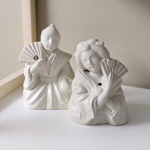 Set of two (2) Vintage White Ceramic Japanese Samurai and Geisha Tiki Mugs | Orchids of Hawaii | Japan | Taiwan | R-22