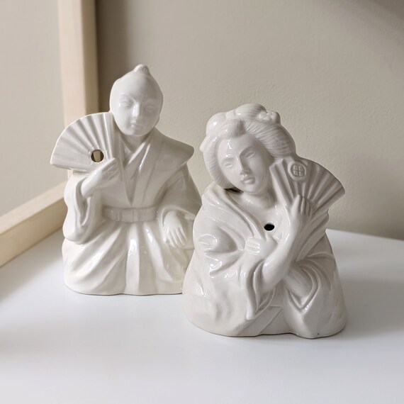 Set of two (2) Vintage White Ceramic Japanese Samurai and Geisha Tiki Mugs
