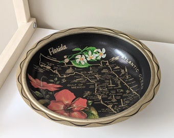 Bol de metal conmemorativo del mapa del estado de Florida / Monumentos de Florida / Hibisco negro, dorado y rojo