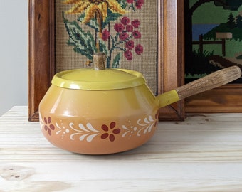 Vintage Retro Orange Yellow and Red Flowers with White Leaves Metal Fondue Pot | Wooden Handle | Made Japan