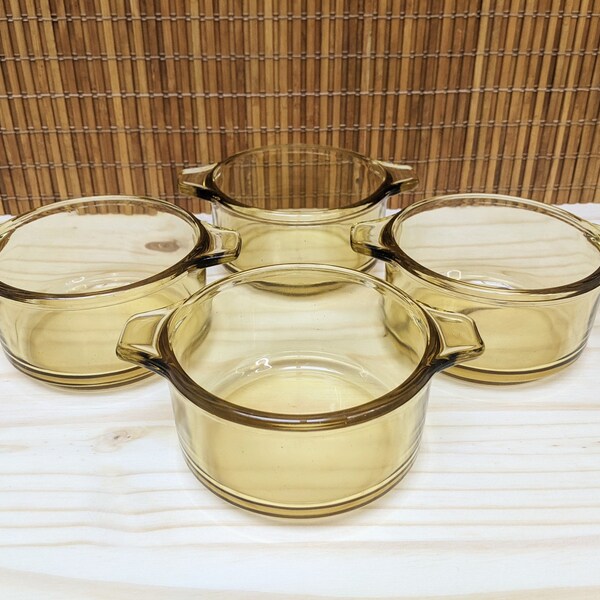 Set of four (4) Vintage Forte Crisa Mexico Amber Casserole Glass Dish with Handles | Yellow Amber Glass | Made in Mexico