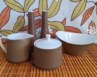 Set of Vintage Mid-Century Modern Brown and White Ceramic Sugar Bowl and Creamer | Salt & Pepper Shakers | Serving Bowl | Made in Japan