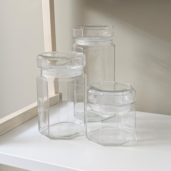 Vintage Octime Clear Storage Jar & Lid by Arcoroc | Glass Jar | Luminarc | Octagonal Shape | Made in France | Multiple Sizes Available