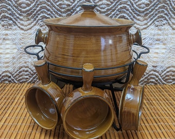 Vintage Brown Stoneware Bean Pot and Ramekin Set | Fondue Set | Black Metal Pot Holder | Sterno Can Heating | Oven Proof | Made in Japan
