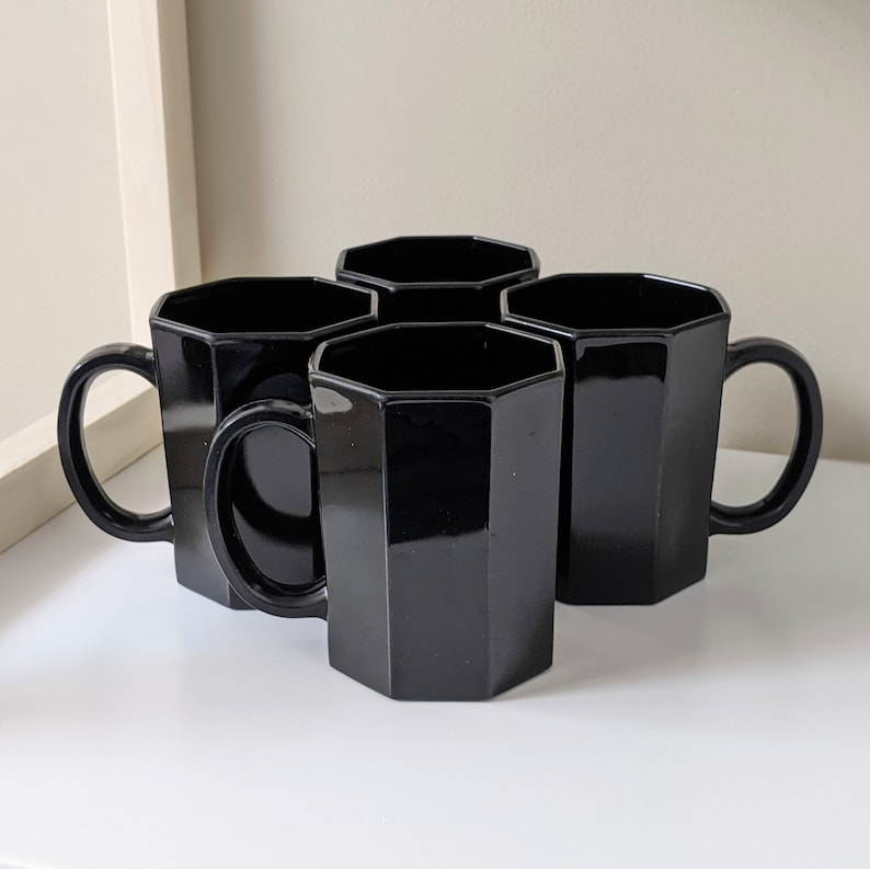 Vintage Octime Black Coffee Mug by Arcoroc | Luminarc | Octagonal Shape | Multiple Sets Available