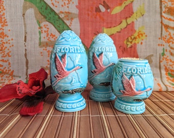 Set of Vintage Light Blue Ceramic Egg-Shapped Salt And Pepper Shakers and Toothpick Holder | Florida Souvenir | Made in Japan