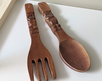 Set of Vintage Hand Carved Wooden Tiki Fork and Spoon Wall Hangings