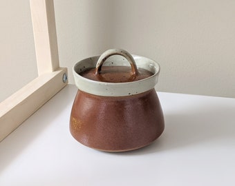 Vintage SIAL Brown White Ceramic Sugar Bowl with Lid | Quebec Pottery Oval Dinner Service