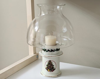 Vintage Christmas White Ceramic Hurricane Candle Holder Lamp | Christmas Tree & Mistletoe | Made in Japan