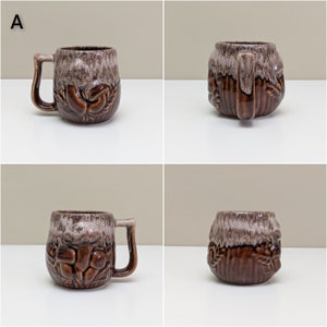 Puede incluir: Cuatro vistas de una taza de cer&aacute;mica marr&oacute;n y blanca con un dise&ntilde;o de champi&ntilde;ones. La taza tiene un asa y mide aproximadamente 10 cm de alto.