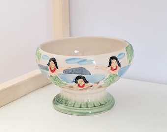 Vintage Ceramic Orchids of Hawaii R-86 Tiki Bowl with Hawaiian Dancers, Made in Japan