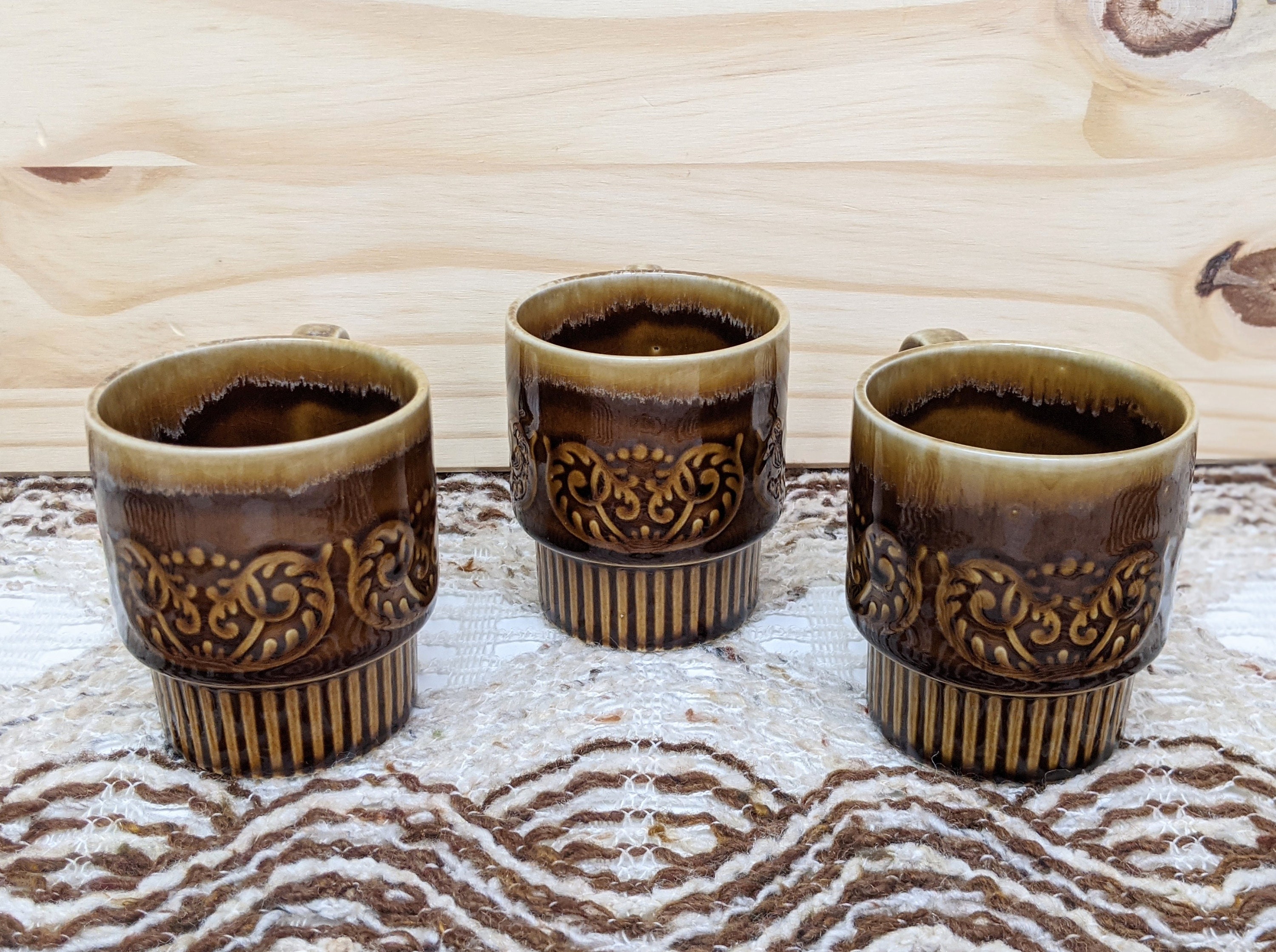Set of Three (3) Vintage Brown Ceramic Stackable Coffee Mugs