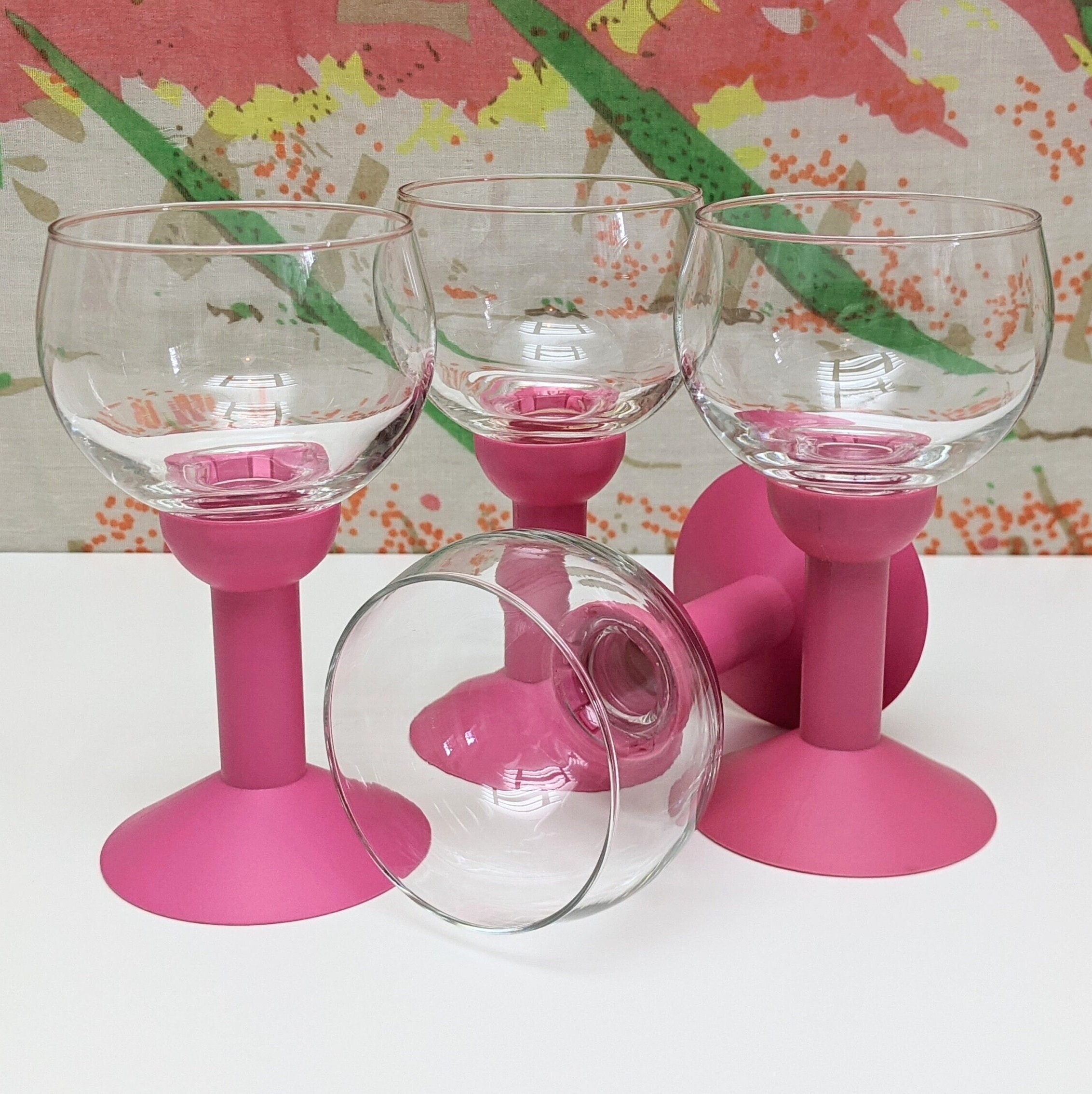 Set of Four 4 Vintage Bodum Oktett Pink Fuchsia Wine Glasses Pink