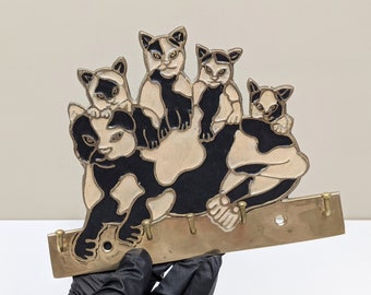 Vintage Brass Wall Key Holder Rack with five (5) Hooks | Black and White Cats | Made in India | Mid Century Modern | Boho Decor