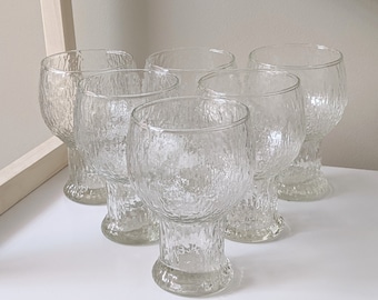 Set of six (6) Vintage Clear Ice Bark Textured Glass Tumblers