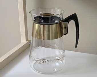 Vintage Atomic Coffee Carafe by Corning | Clear Glass | Gold Tone Lines and Ring | 4 to 6 cups