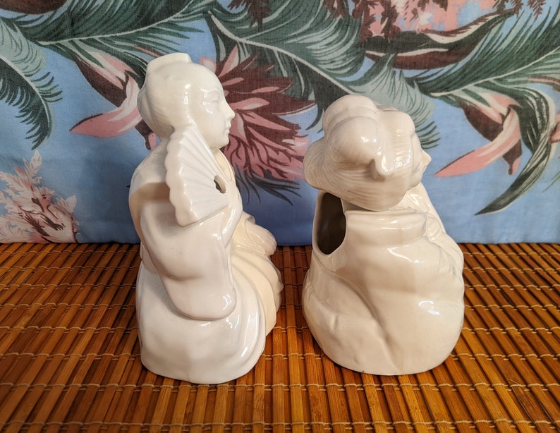 Set of two (2) Vintage White Ceramic Japanese Samurai and Geisha Tiki Mugs image 5