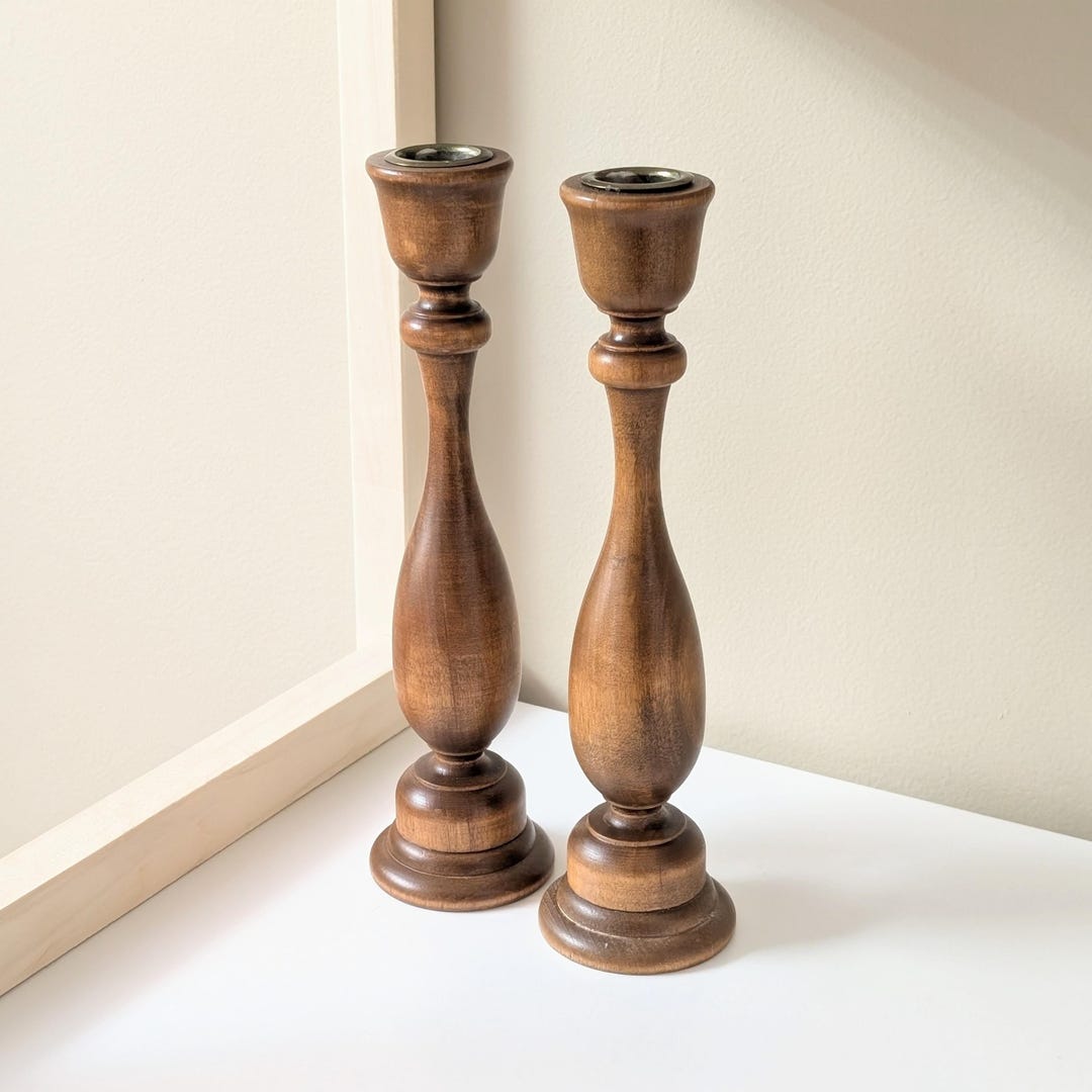 Set of Two (2) Vintage Wooden Candlestick Holders | Boho Home Decor - Etsy