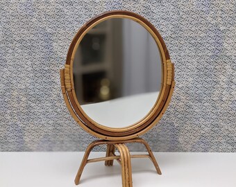 Vintage Oval Bamboo Make-Up Mirror on Stand | Boho Style