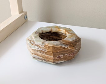 Vintage Octagonal Shaped Brown and Beige Onyx Stone Ashtray | Trinket Dish | Jewelry Dish | Catchall
