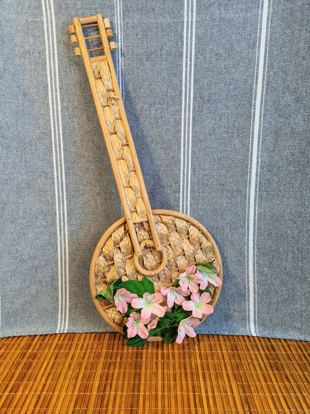 Vintage Decorative Bamboo Banjo Wall Hanging With Pink Flowers Etsy