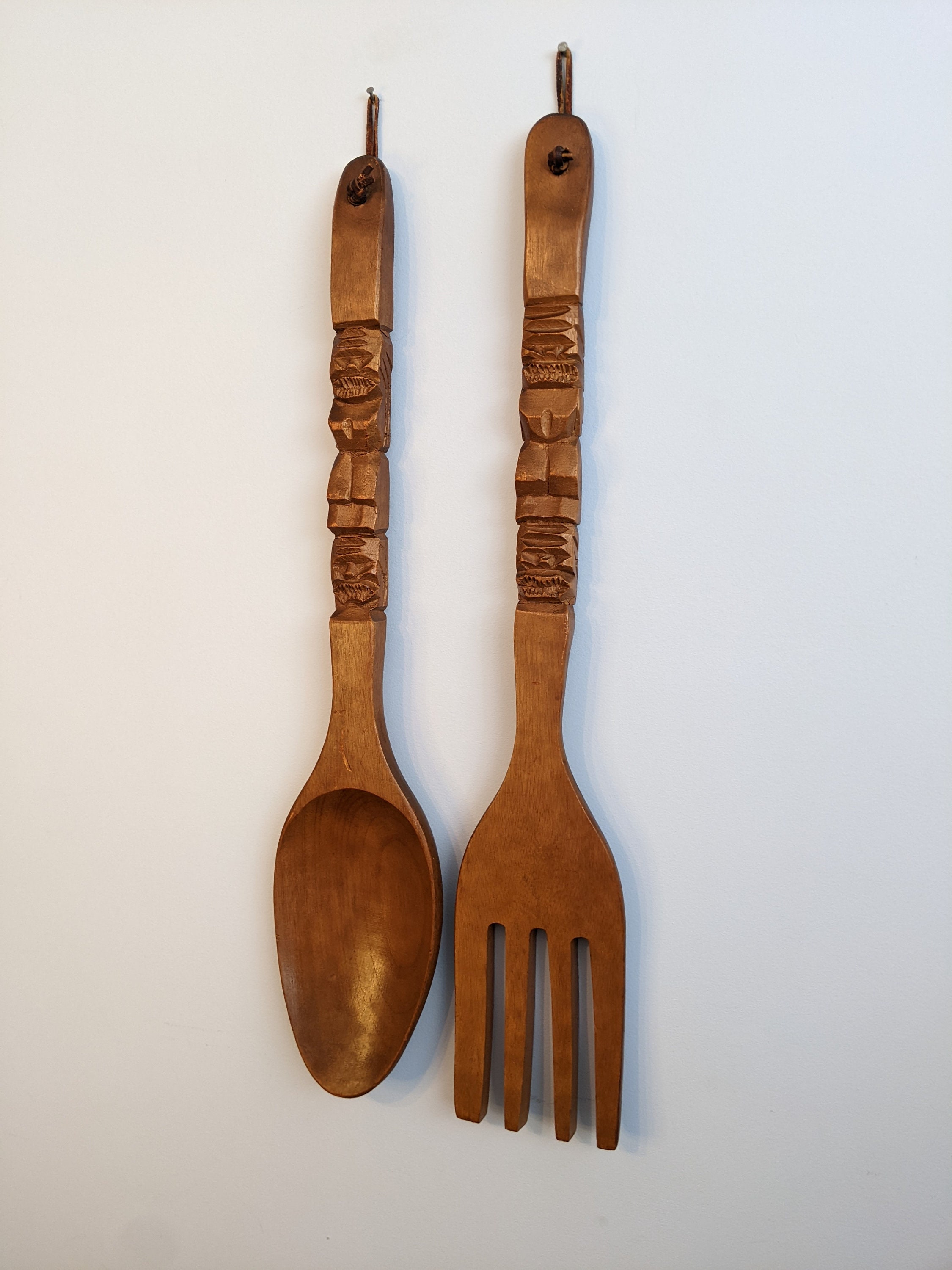 Set of Vintage Hand Carved Wooden Tiki Fork and Spoon Wall Etsy