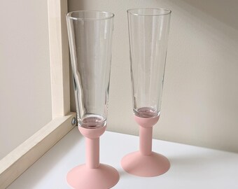 Set of 2 Vintage Bodum Oktett Champagne Glasses | Pink Plastic Stems, Clear Glass Flutes