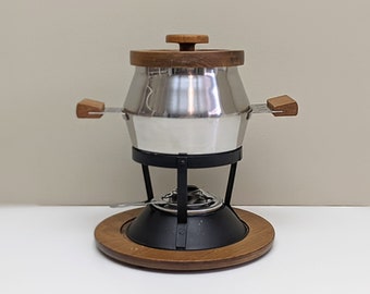 Vintage Retro Wooden and Stainless Steel Fondue Pot Set by Imperial International Japan