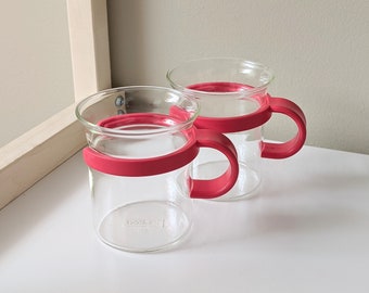 Juego de 2 tazas de café vintage Bodum de cristal rojo estilo bistró con asas redondas