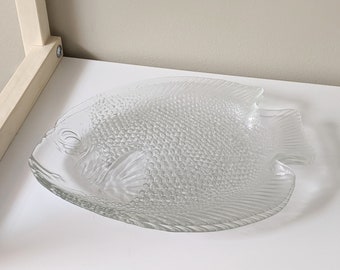 Set of two (2) Vintage Fish Dinner Clear Glass Plates by Arcoroc - Made in France