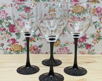 Set of four (4) Vintage Black Stemmed Water Goblets / Wine Glasses | Domino Signature Black by Cristal D'Arques-Durand | Made in France