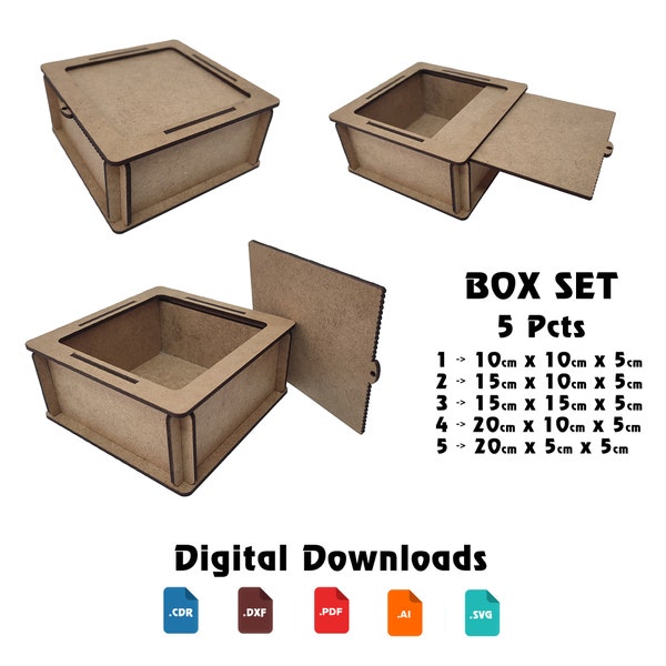 5 Pcts Laser cut Box and Cover Bundle Gift box dxf Svg files Glowforge laser cut plan Laser files slider box, Small storage box Vector DXF